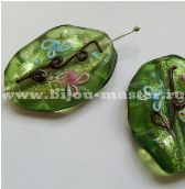 Бусина lampwork продолговатая зеленая с серебром внутри с юбочкой по краям, 35х25 мм.