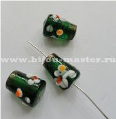 Бусина lampwork боченок зеленая с белыми цветами и золотом, 15х10 мм.