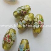 Бусина lampwork  продолговатая желто-зеленая с голубыми и розовыми и цветами, 20х10 мм