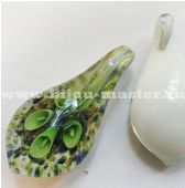 Кулон lampwork "Капля" белый с золотыми и зелеными вкраплениями  и зеленым букетом , 54х28 мм