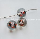 Бусина lampwork  круглая, объемная, прозрачная с белым наполнением , розочкой и черно-оранжевыми полосками, 11 мм