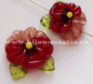 Авторская бусина lampwork  ручной работы  "Анютины глазки", красная с бежевым . Автор -  И.Киркевич (Россия), 28х22 мм