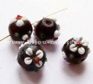 Бусина lampwork  11х12мм коричневая с белыми цветочками