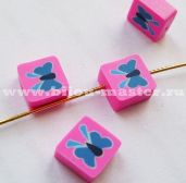 Бусина Фимо "Подушечка" 9х9мм ярко-розовая с синей бабочкой