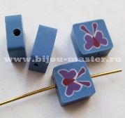 Бусина Фимо "Подушечка" 9х9мм синяя с фиолетовой бабочкой