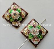 Бусина cloisonne  плоская квадратная, бордовая  с  белым цветочком и стразом,  23х23мм 