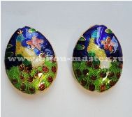 Бусина cloisonne продолговатая, темно-синяя  с павлином,25х17мм 