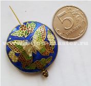 Бусина cloisonne круглая "Таблетка" ярко-синяя с бабочкой, 35х35мм