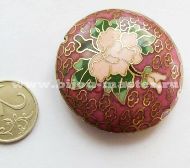 Бусина cloisonne круглая персиковая   с розовым цветком, диаметр - 50 мм