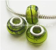 Бусина pandora  lampwork 14х11мм, полупрозрачная зеленая с серебром и черной полоской