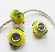 Бусина pandora lampwork матовая,  желтая с зелеными и белыми цветами, 16х10 мм