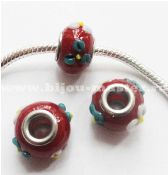 Бусина pandora lampwork матовая, красная  с зелеными и белыми цветами, 16х10 мм