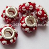 Бусина lampwork пандора красная с белыми  цветочками, 14х8мм 