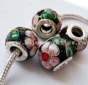 Бусина pandora style металлическая cloisonne черная с розовыми цветами и листиками, 10х15 мм