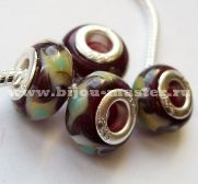 Бусина lampwork пандора красная, полупрозрачная с желто-зеленым орнаментом, 14х7мм 