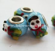 Бусина pandora lampwork круглая, голубая с фигуркой снеговичка, 15х9 мм