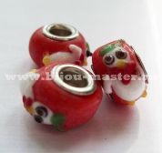 Бусина pandora lampwork круглая, алая  "рождественский пингвин", 15х9 мм