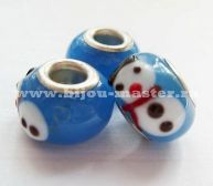 Бусина pandora lampwork круглая,голубая   "рождественский снеговик", 15х9 мм