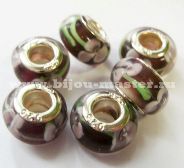 Бусина lampwork пандора прозрачная с аметистовым наполнением и бело-розовыми цветами, 14х8мм