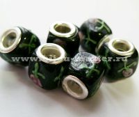 Бусина pandora lampwork квадратной формы, черная с розочками, 10х10 мм