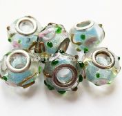 Бусина pandora lampwork 9х14мм прозрачная с розочками, голубым наполнением и блестками