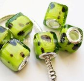 Бусина pandora lampwork квадратной формы 12х12мм , салатовая с черными пятнышками