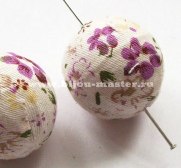 Акриловая бусина 26мм отделанная х/б тканью с набивным рисунком-бежево-фиолетовые цветы